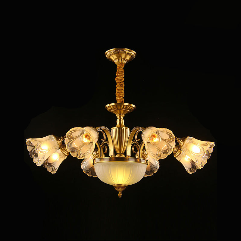 Frosted Glass Flower Kroonluchter Koloniale stijl Woonkamer Suspensie Licht in goud