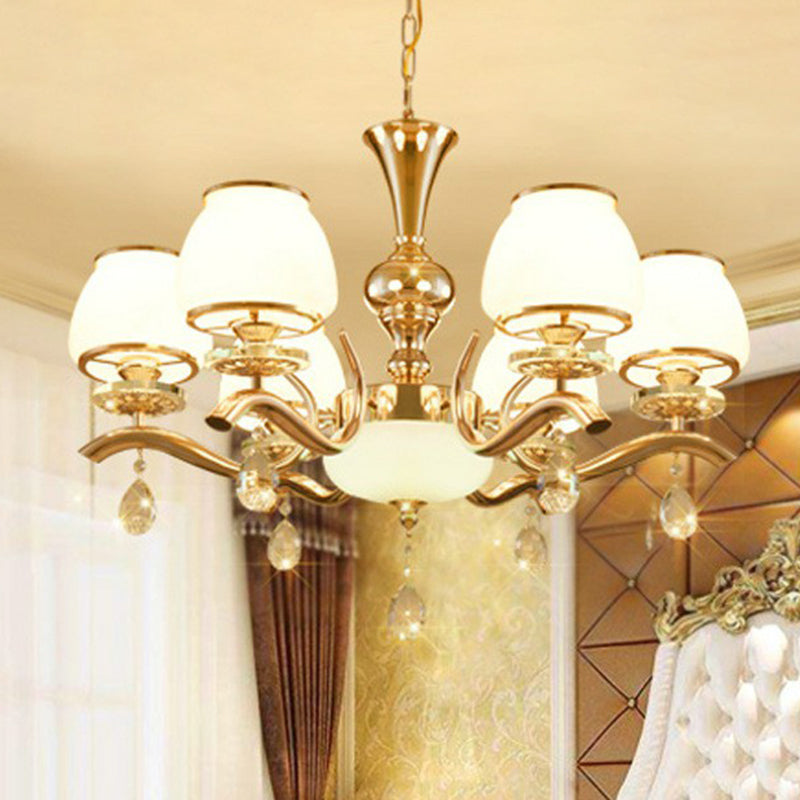 Gold Finish Chandelier Lamp Minimalist Tapered White Glass Hanging Light for Sitting Room