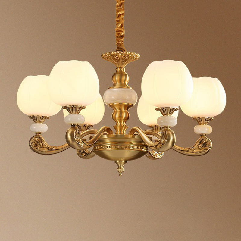 6-Bulb Chandelier Lighting Traditional Ivory Glass Flowerbud Hanging Ceiling Light in Gold