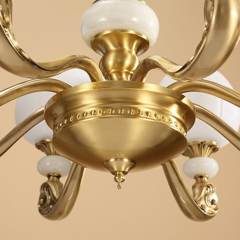6-Bulb Chandelier Lighting Traditional Ivory Glass Flowerbud Hanging Ceiling Light in Gold
