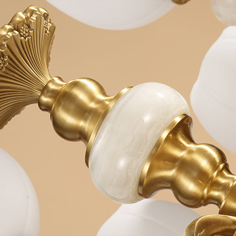 6-Bulb Chandelier Lighting Traditional Ivory Glass Flowerbud Hanging Ceiling Light in Gold
