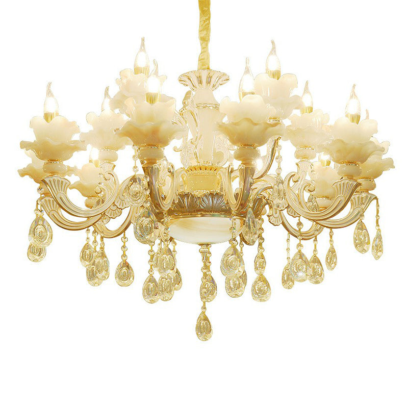 White Faux Candle Chandelier Light Traditional Frosted Glass Living Room Pendant with Crystal Deco