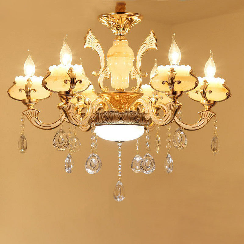 White Faux Candle Chandelier Light Traditional Frosted Glass Living Room Pendant with Crystal Deco