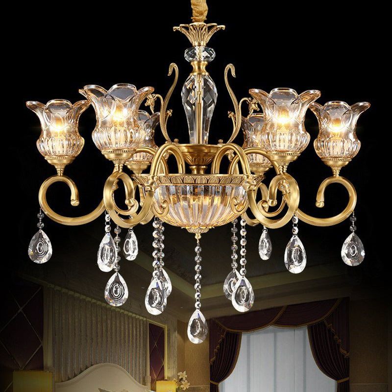 Flower Living Room Hanging Lamp Retro Clear Crystal Glass Brass Chandelier Light Fixture