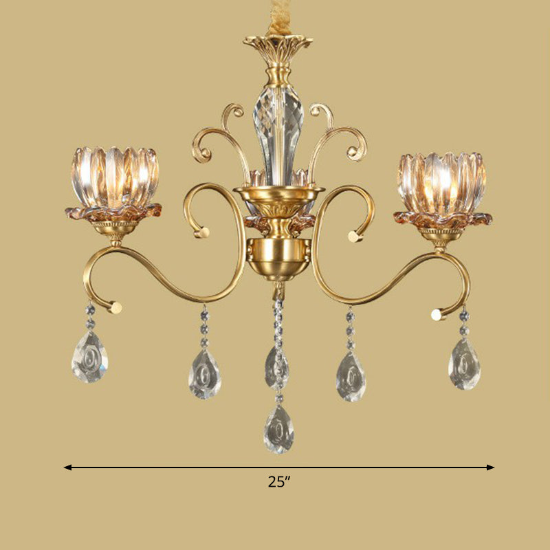 Flower Living Room Hanging Lamp Retro Clear Crystal Glass Brass Chandelier Light Fixture