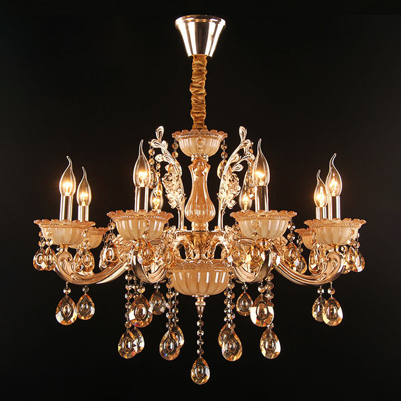 Amber Glass Candle Chandelier Lamp Traditional Living Room Suspension Light in Gold with Crystal Decor