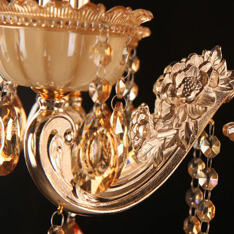 Amber Glass Candle Chandelier Lamp Traditional Living Room Suspension Light in Gold with Crystal Decor