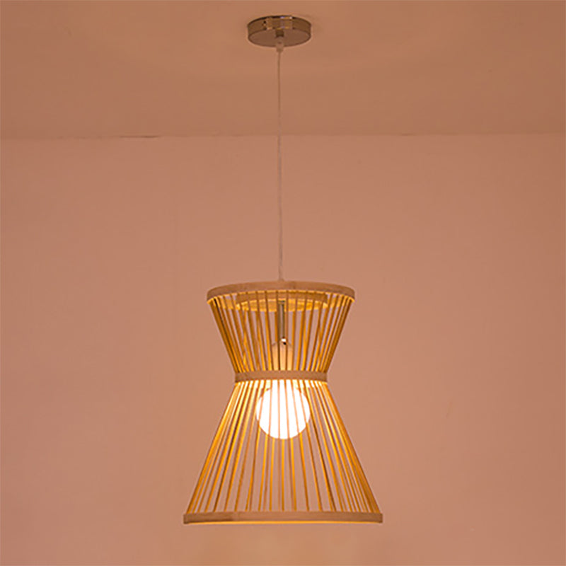 Lámpara colgante en forma de reloj de arena bambú asiática 1 bombilla de beige luz de suspensión para vestíbulo