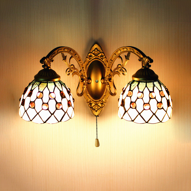 2 Heads Sconce Lighting Tiffany Curve Arm/Mermaid Beige Glass Wall Mount Light with Pull Chain Switch
