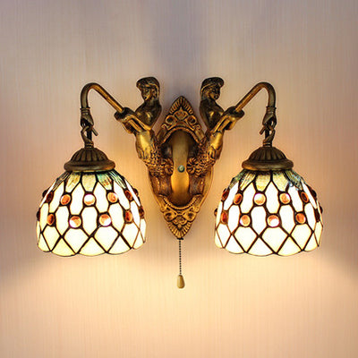 2 Heads Sconce Lighting Tiffany Curve Arm/Mermaid Beige Glass Wall Mount Light with Pull Chain Switch