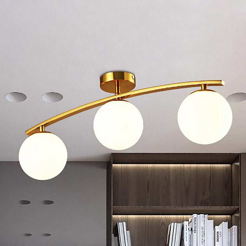 Modern Sphere Shade Semi Ceiling Mount Light Opal Glass Gold Ceiling Lamp for Study Room