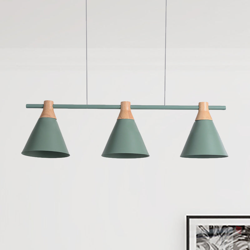 Triple Light Cone Shade Island Lighting Nordic Metal Hanging Chandelier in Green/Grey/Yellow for Kitchen