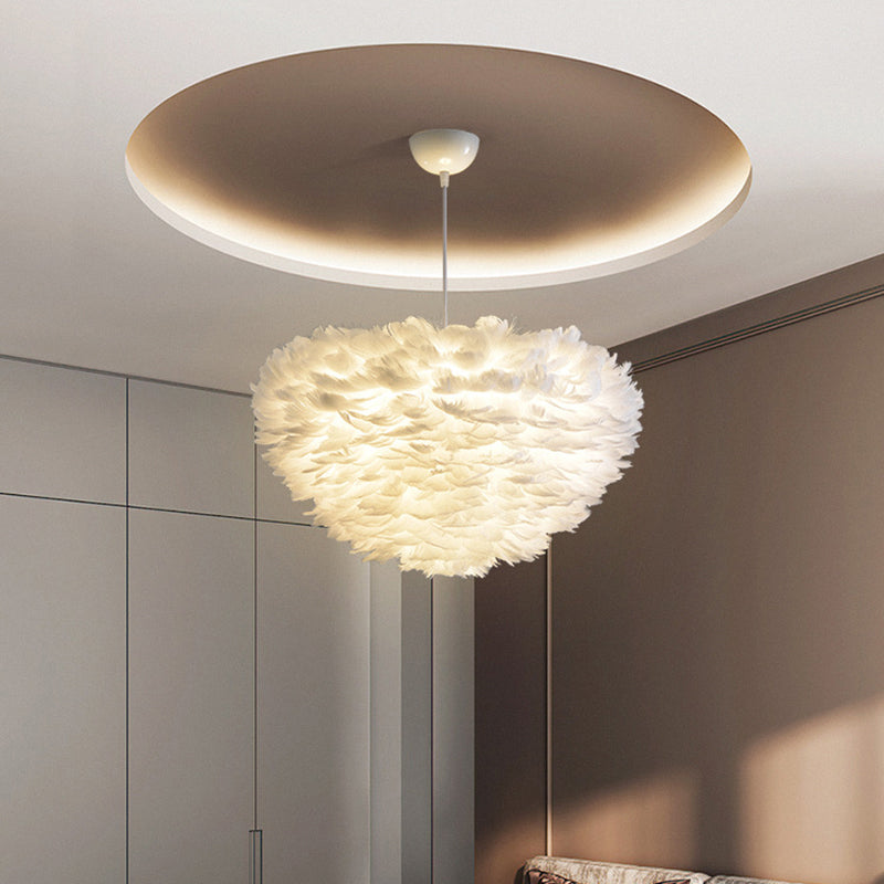 Feather Hemispherical Pendant Lamp Minimalism Feather White Suspension Light for Bedroom