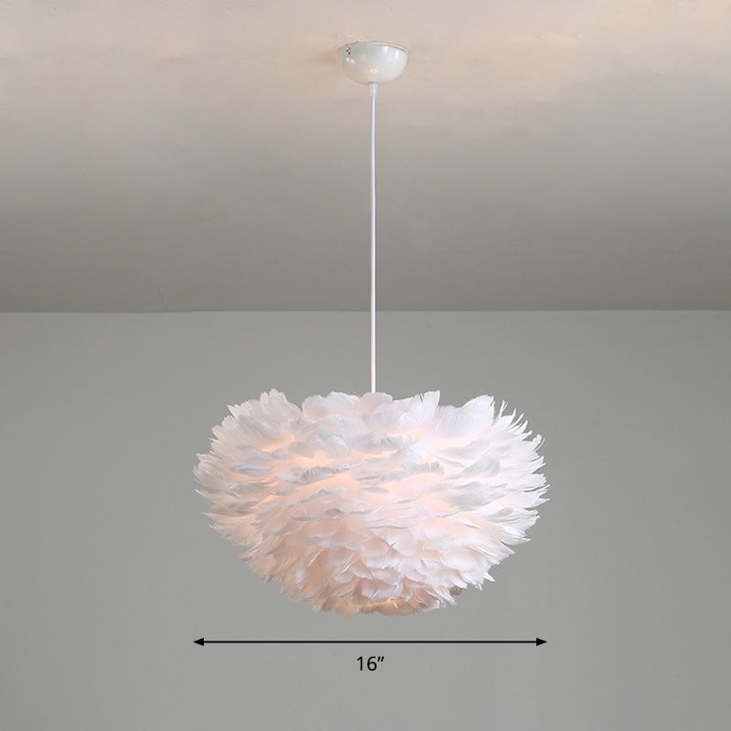 Feather Hemispherical Pendant Lamp Minimalism Feather White Suspension Light for Bedroom
