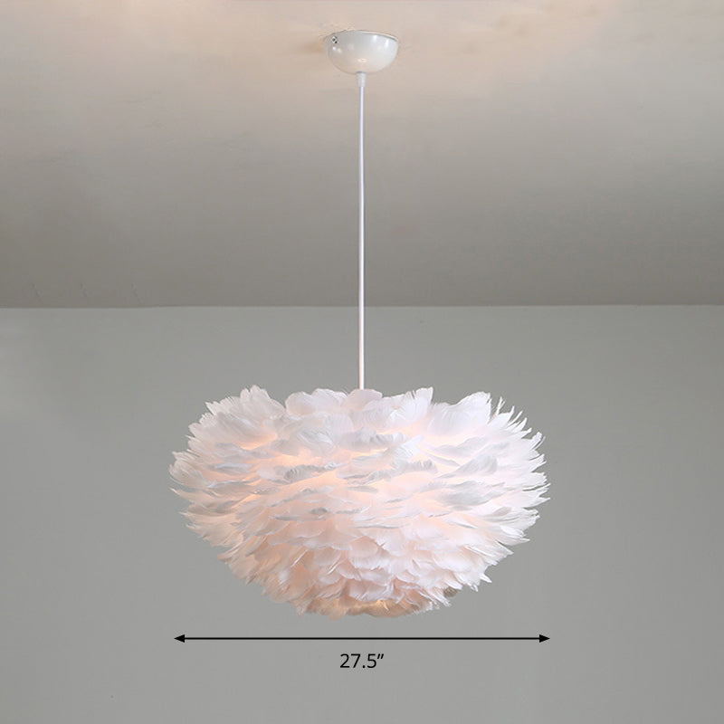 Feather Hemispherical Pendant Lamp Minimalism Feather White Suspension Light for Bedroom