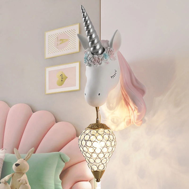 Crystal Droplet Wall Mount Light Cartoon 1-Bulb Sconce Fixture with Unicorn Deco for Kids Room
