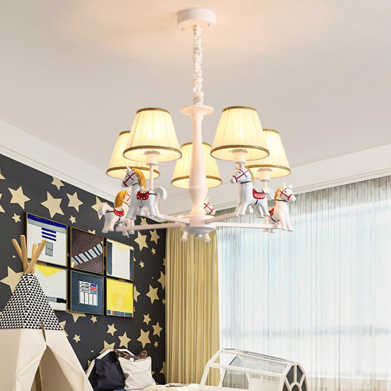 Carousel Child Room Pendant Light Resin Cartoon Chandelier with Tapered Fabric Shade in White