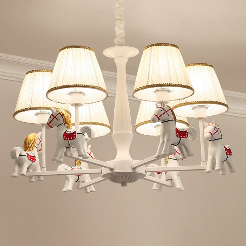 Carousel Child Room Pendant Light Resin Cartoon Chandelier with Tapered Fabric Shade in White