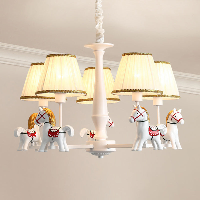 Carousel Child Room Pendant Light Resin Cartoon Chandelier with Tapered Fabric Shade in White