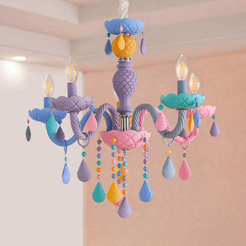 Pink Candle Style Hanging Light Kids Multicolored Glass Chandelier for Baby Room