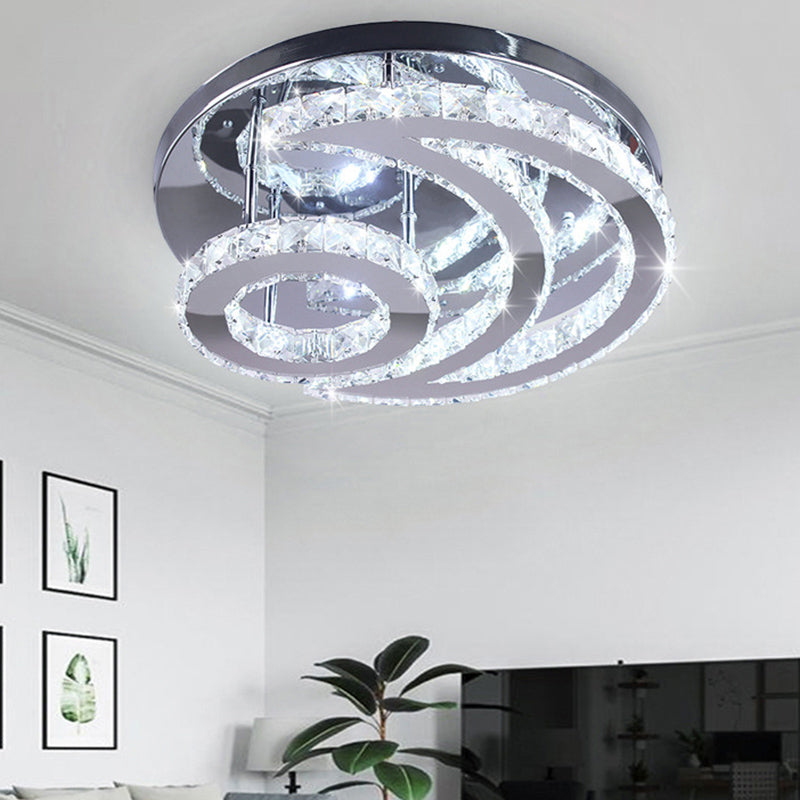 Plafonnier Crescent and Sun moderne en cristal biseauté pour chambre à coucher, montage semi-encastré en argent