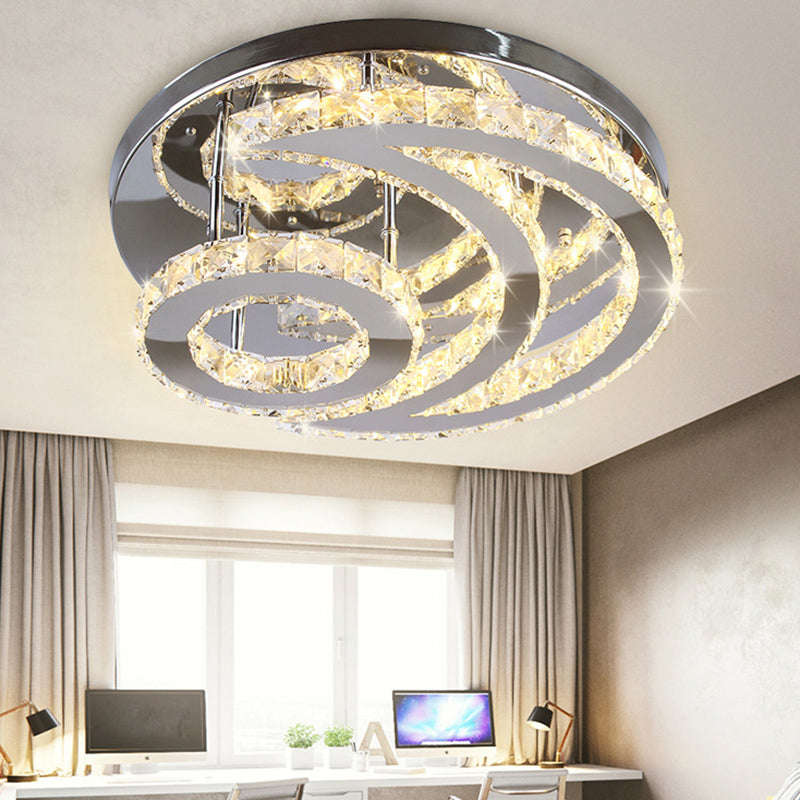 Lámpara de techo Crescent and Sun, moderna lámpara de techo de cristal biselado para dormitorio, montaje semiempotrado en plata