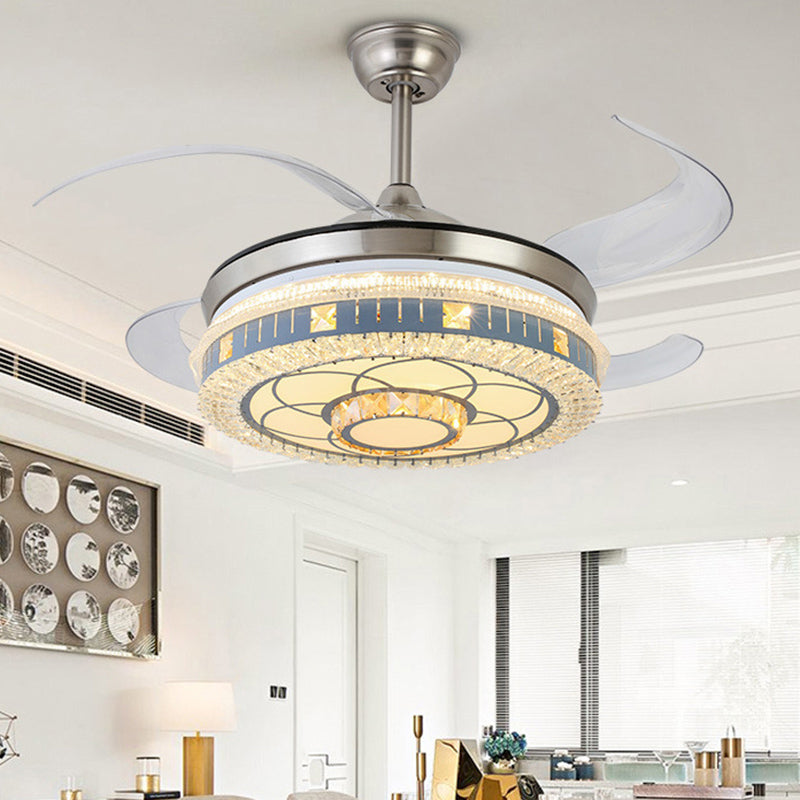 Kristallrunde Hanging Lüfter Licht Minimalist Blue Fernbedienung LED Semi Flush Light mit 4 Klingen, 42 "W.