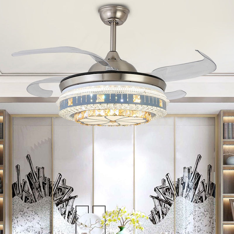 Kristallrunde Hanging Lüfter Licht Minimalist Blue Fernbedienung LED Semi Flush Light mit 4 Klingen, 42 "W.