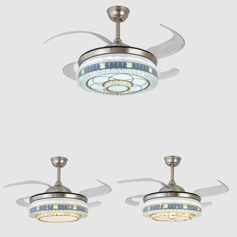 Kristallrunde Hanging Lüfter Licht Minimalist Blue Fernbedienung LED Semi Flush Light mit 4 Klingen, 42 "W.