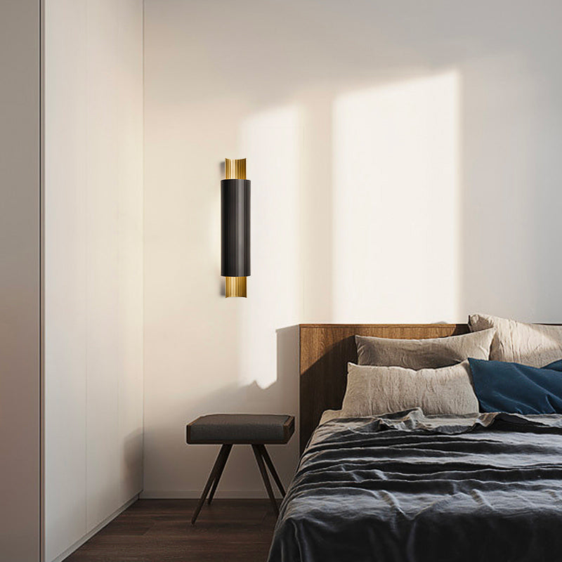 Pipe Shaped LED Wall Mount Lighting Postmodern Metal Bedside Sconce in Black and Gold Inner
