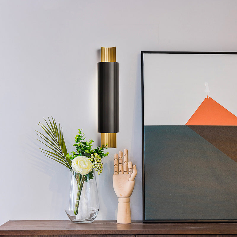 Pipe Shaped LED Wall Mount Lighting Postmodern Metal Bedside Sconce in Black and Gold Inner
