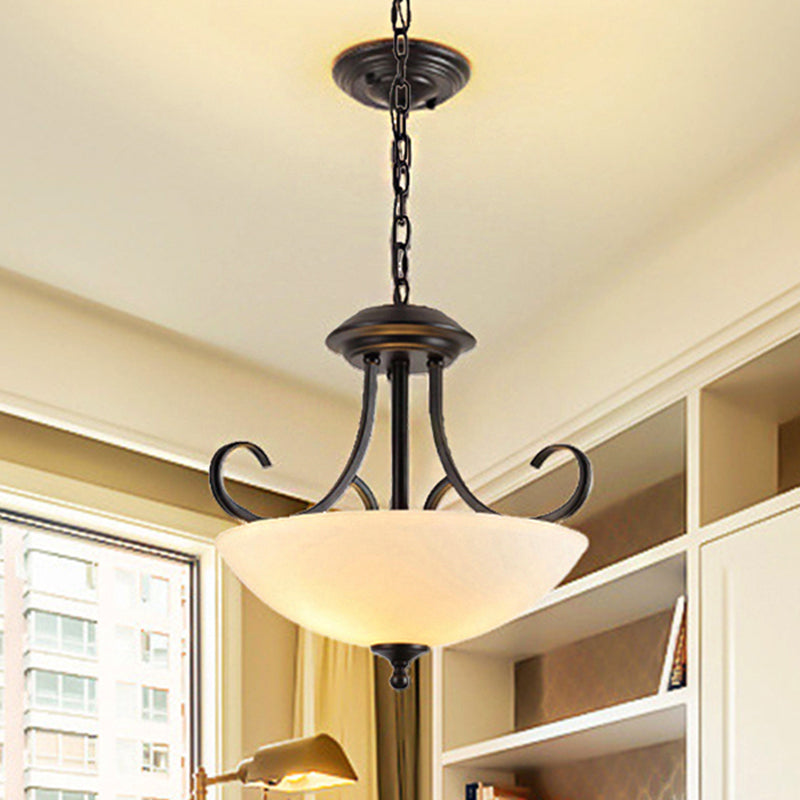 3 Bulbs Bowl Chandelier Light Traditional Black Frosted Glass Hanging Ceiling Fixture