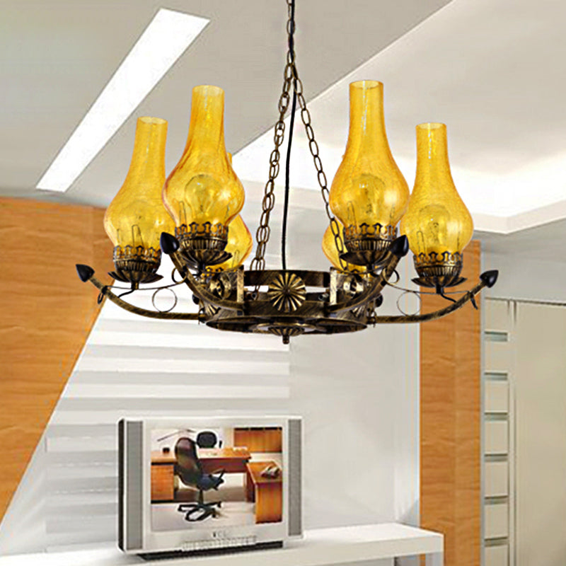 6-Light Crackle Glass Hanging Chandelier Traditional Beige Vase Living Room Pendant Light Fixture