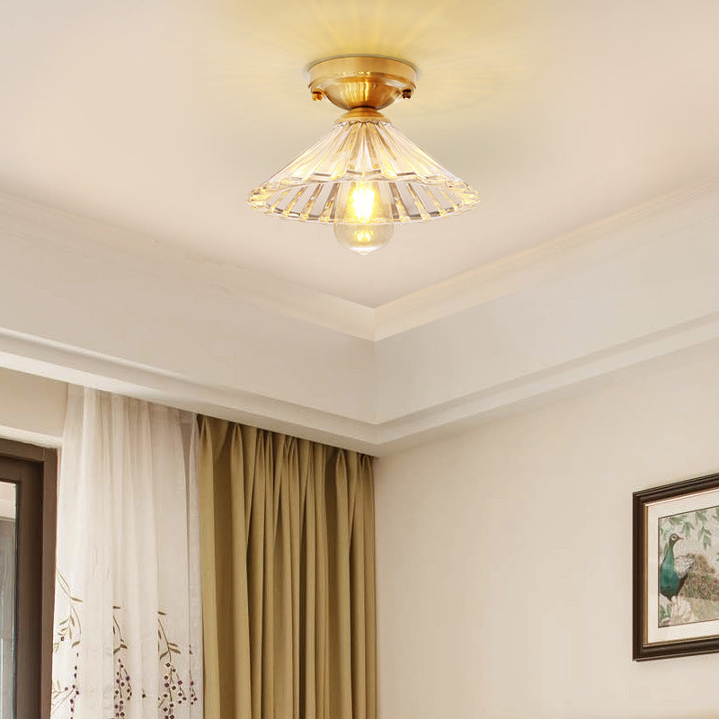 1 Bulb Cone Semi Flush Light Traditionary Ribbed Glass Ceiling Mounted Fixture in Brass for Bedroom