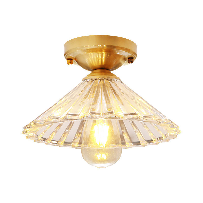 1 Glühbirne, kegelförmig, halbbündig, traditionelle Deckenleuchte aus geripptem Glas aus Messing für Schlafzimmer