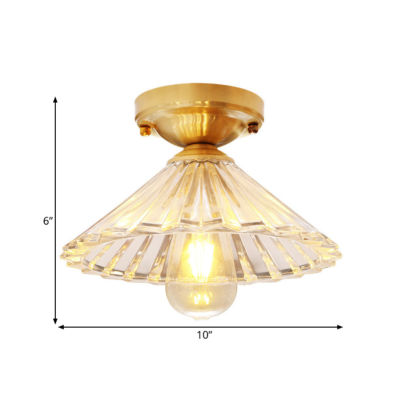 1 Bulb Cone Semi Flush Light Traditionary Ribbed Glass Ceiling Mounted Fixture in Brass for Bedroom