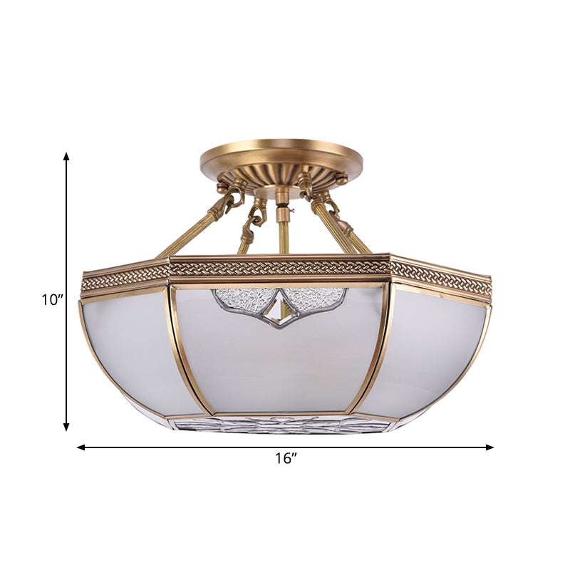 Brass Dome Semi Flush Mount Lamp Traditional Milk Glass 3 Bulbs Ceiling Mounted Light for Living Room