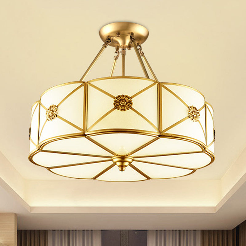 18"/23.5" Wide Drum Semi Flush Mount Traditional White Glass Brass 4/6 Bulbs Ceiling Mount Chandelier