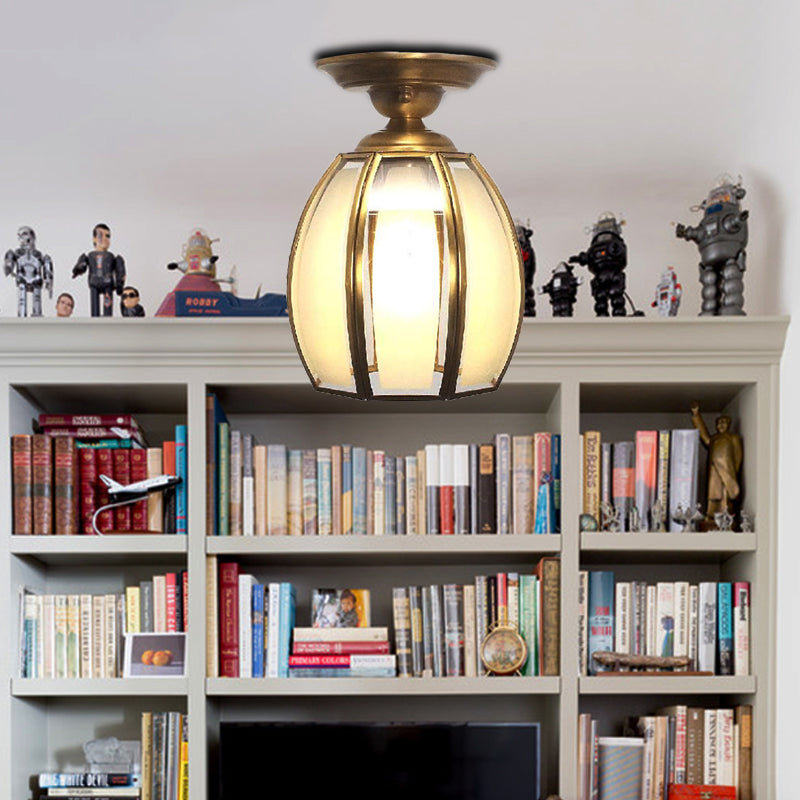 Brass Cup Semi Flush Mount Lamp Traditionary Frosted Glass 1 Bulb Ceiling Mounted Light for Living Room