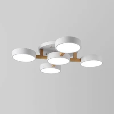 Living Room Drum Ceiling Light Wood Metal 5 Heads Macaron Loft Semi Flush Mount Light