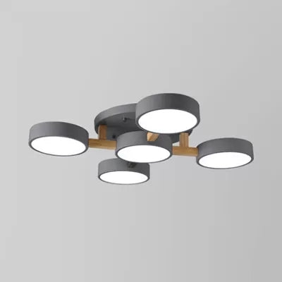 Living Room Drum Ceiling Light Wood Metal 5 Heads Macaron Loft Semi Flush Mount Light