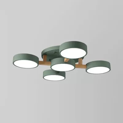 Living Room Drum Ceiling Light Wood Metal 5 Heads Macaron Loft Semi Flush Mount Light