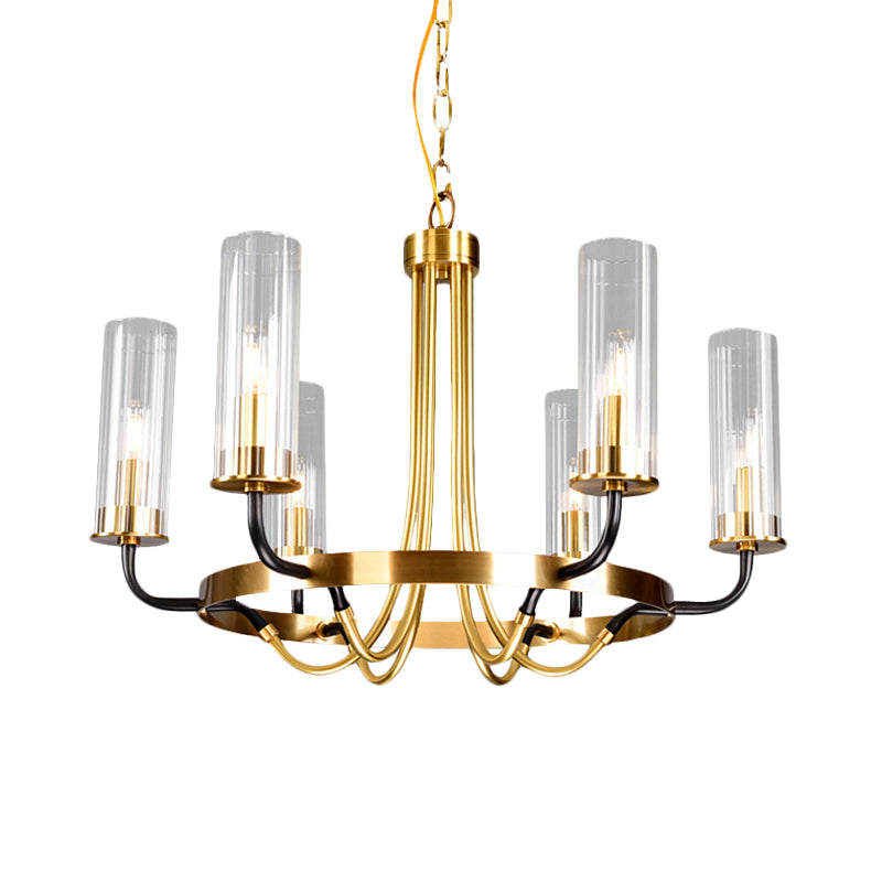6/8 luces Luz colgante de luz clásica Candelera colgante de vidrio transparente en negro/dorado con diseño de ruedas