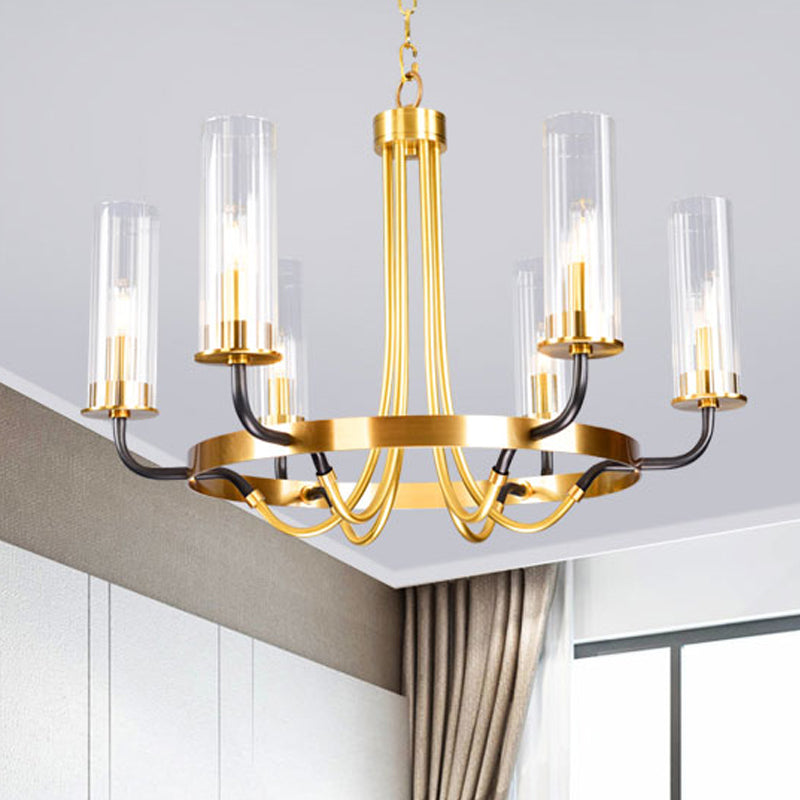 6/8 luces Luz colgante de luz clásica Candelera colgante de vidrio transparente en negro/dorado con diseño de ruedas