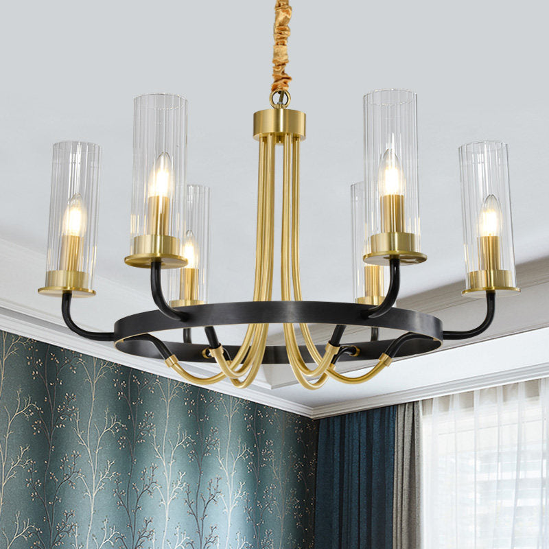 6/8 luces Luz colgante de luz clásica Candelera colgante de vidrio transparente en negro/dorado con diseño de ruedas