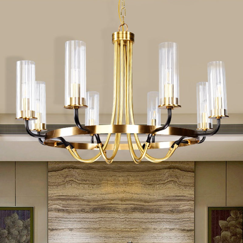 6/8 luces Luz colgante de luz clásica Candelera colgante de vidrio transparente en negro/dorado con diseño de ruedas