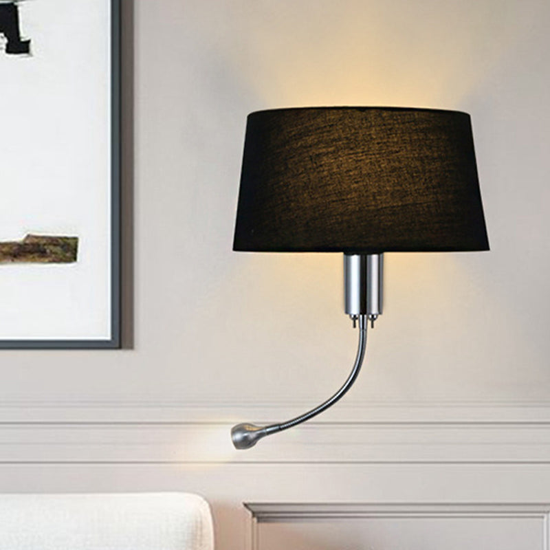 Black/White/Beige Drum Reading Wall Sconce Traditional Fabric 1 Head Bedroom Adjustable Wall Mounted Light