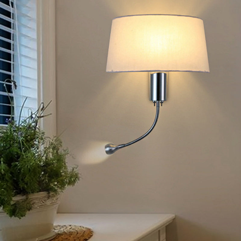 Black/White/Beige Drum Reading Wall Sconce Traditional Fabric 1 Head Bedroom Adjustable Wall Mounted Light