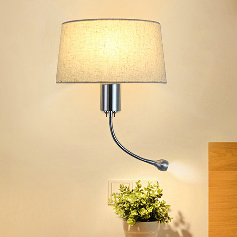 Black/White/Beige Drum Reading Wall Sconce Traditional Fabric 1 Head Bedroom Adjustable Wall Mounted Light