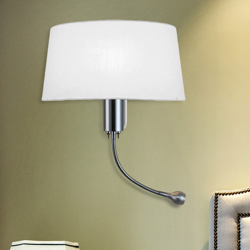 Black/White/Beige Drum Reading Wall Sconce Traditional Fabric 1 Head Bedroom Adjustable Wall Mounted Light